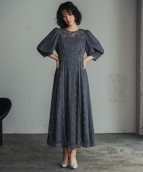 GIRL DRESS FOR NOW ドレス パフスリーブ総レース フレア ロング