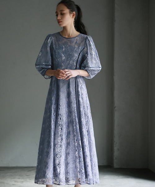 GIRL パフスリーブ総レース フレア オケージョンドレス GIRL DRESS FOR NOW ドレス パフスリーブ総レース フレア ロング