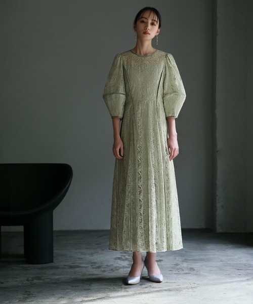 GIRL パフスリーブ総レース フレア オケージョンドレス GIRL DRESS FOR NOW ドレス パフスリーブ総レース フレア ロング