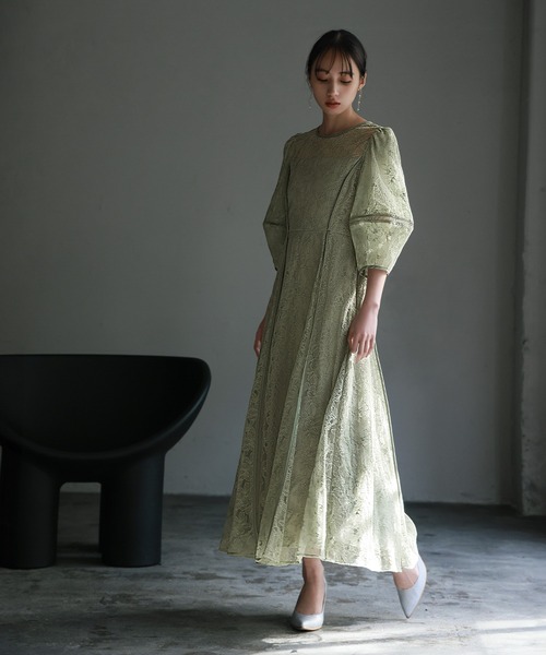 GIRL パフスリーブ総レース フレア オケージョンドレス セール】パフスリーブ総レース フレア ロング 結婚式 ワンピース