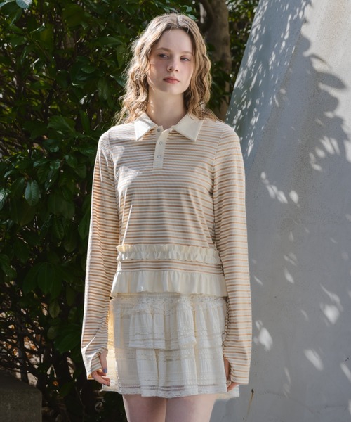 トップス idem border frill polo shirts tシャツ border frill polo shirt／ボーダーフリルポロシャツ