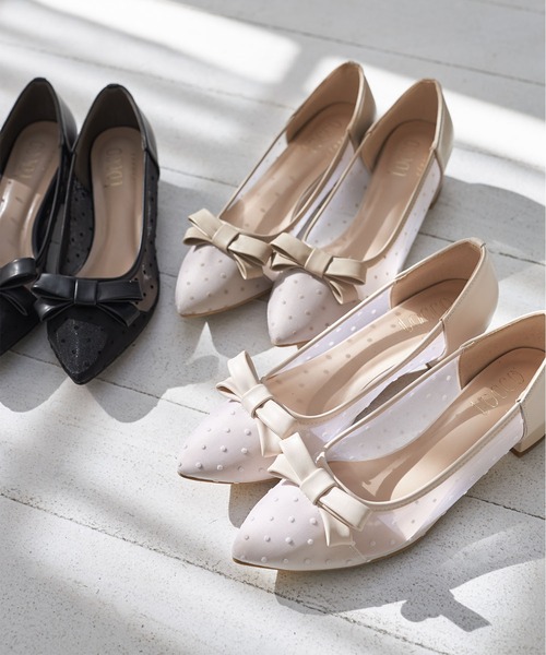 tocco closet パンプス リボン付きドットチュールパンプス