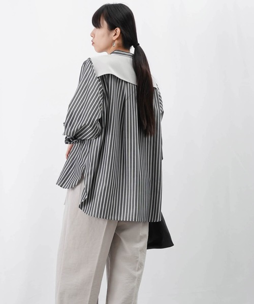 ブラウス シャツ LC/LLL 異素材ドッキングブラウス/レイヤード風ストライプシャツ レディース セール】LC/LLL 異素材ドッキングブラウス/レイヤード風