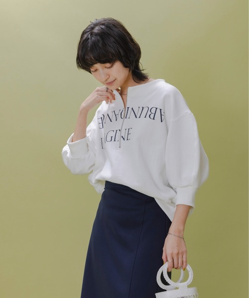 新品　今季　エイミーロウ　テキストプリント ハーフジップボートネックスウェット Eimee Law tシャツ テキストプリント ハーフジップボートネック