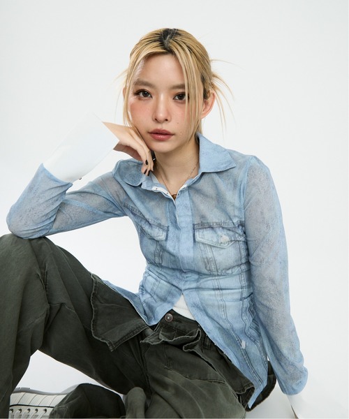tシャツ デニムプリントタイトトップス レディース