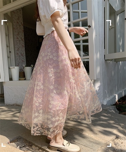 FREE STYLISTS ロング スカート 春夏新作 上品な刺繍レーススカート