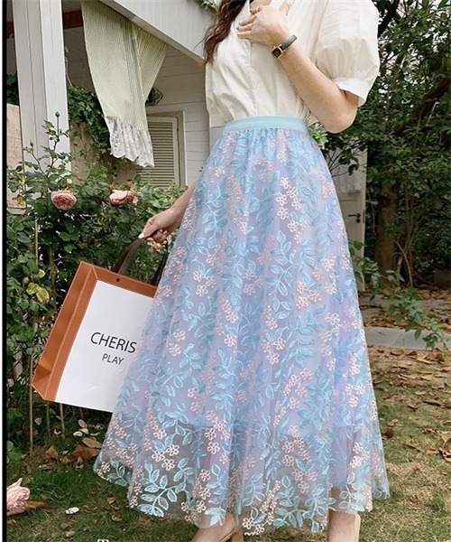 FREE STYLISTS スカート 春夏新作 上品な刺繍レーススカート