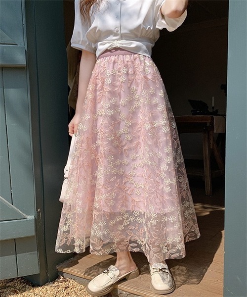 FREE STYLISTS ロング スカート 春夏新作 上品な刺繍レーススカート