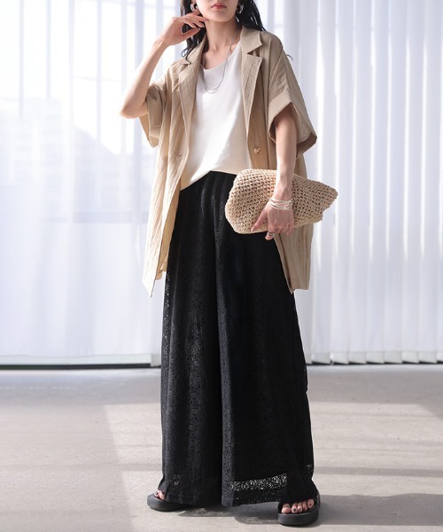 【ワイド】新品　黒 オーバー総レースパンツ ｂ102 HUG.U（ハグユー） ワイドパンツ パンツ 総レースワイドパンツ