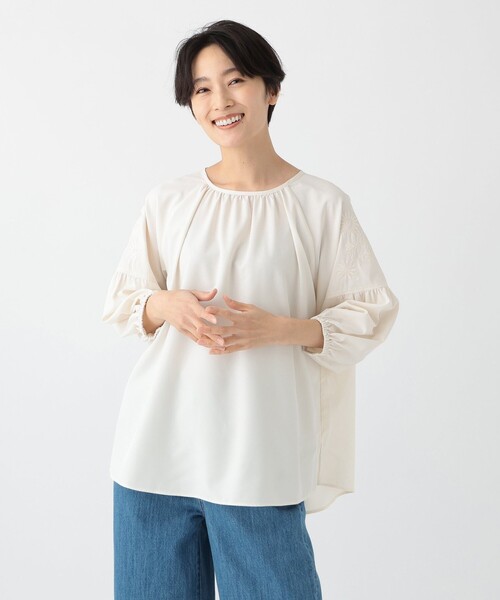 ブラウス シャツ 「手洗い可能」コットン オーガンジー 刺繍 ギャザー ブラウス レディース 手洗い可能〉コットン オーガンジー 刺繍 ギャザー ブラウス