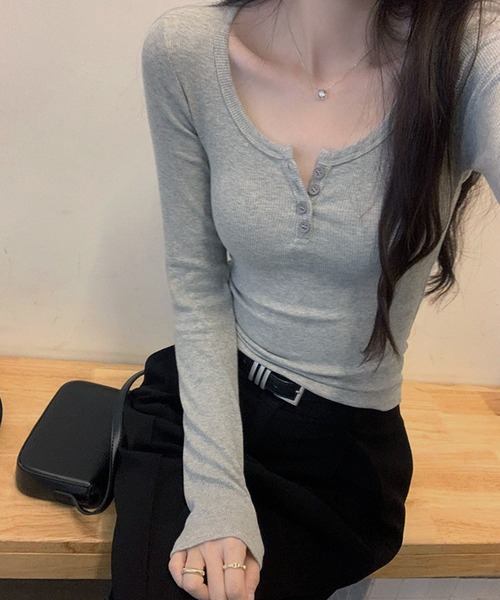 lulufa tシャツ 美シルエットハーフボタン ヘンリーネックリブ