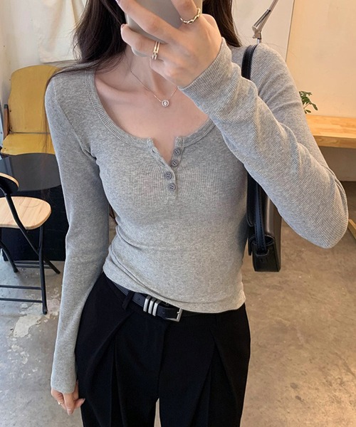 tシャツ 美シルエットハーフボタン ヘンリーネックリブカットソー／韓国 Y2K 長袖トップス レディース | lulufa | 13