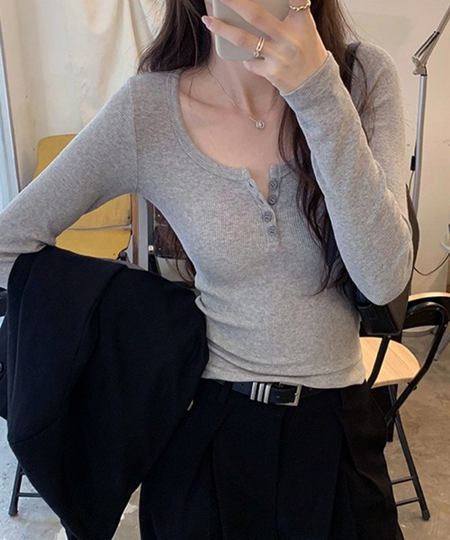 tシャツ 美シルエットハーフボタン ヘンリーネックリブカットソー／韓国 Y2K 長袖トップス レディース | lulufa | 15