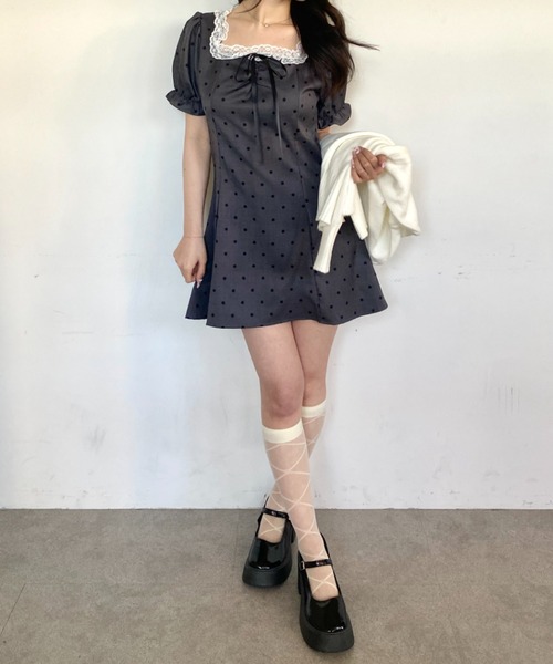 フリル付きドット柄ミニワンピース　ＬＤプライム Mejoul ワンピース 「2026春夏新作」ドット柄フロントリボンフリル