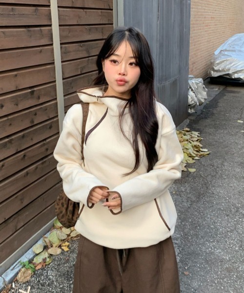 Aelina パーカー フード付き配色フリーススウェット レディース