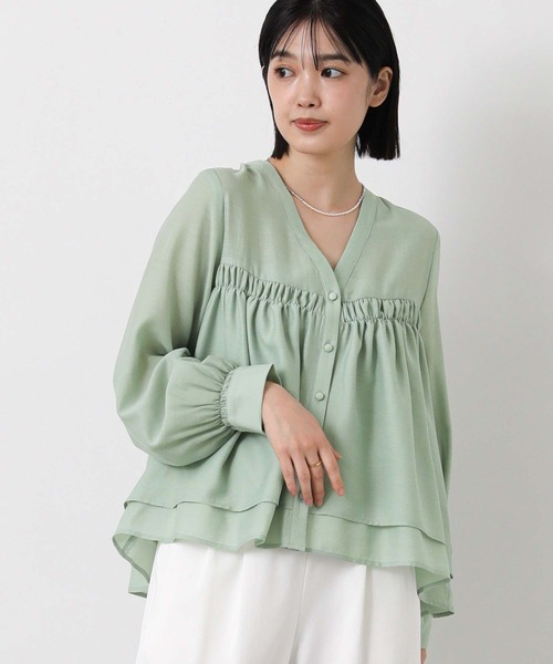ブラウス シャツ シアーＶネックＡラインブラウス レディースの画像