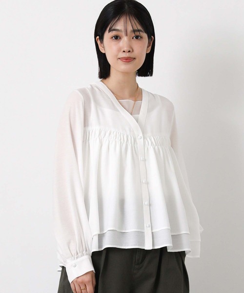 ブラウス シャツ シアーＶネックＡラインブラウス レディースの画像