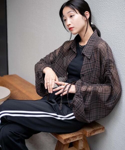 ブラウス シャツ ドロスト仕様 フロントシャーリングチェックシャツ レディース WEGO シャツ ブラウス WEGO/ドロストチェックシアーショート