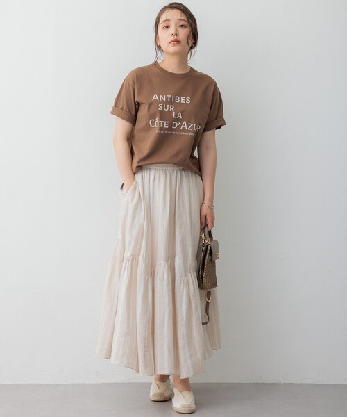 【洗える】LIBECO ティアード スカート　ベージュ✖️白ストライプ 23区 【一部先行予約/洗える】LIBECO ティアード スカート