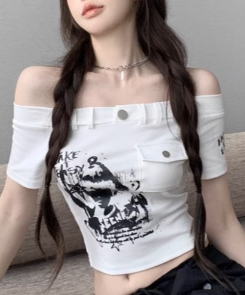 tシャツ アームカバー付き フード オフショルダートップス GH25s019 「Girlyhalo」 レディース カットソー Tシャツ レディース オフショルダー オフショル