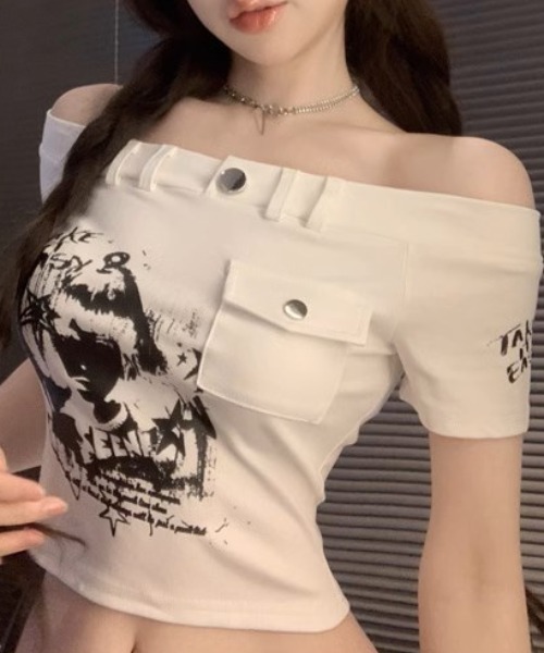 tシャツ A'GEM/9 × .kom 「.KOM/ドットケーオーエム」 グランジバタフライショルダーストラップTシャツ レディース A'GEM/9 × .kom 『.KOM/ドットケーオーエム』 グランジ