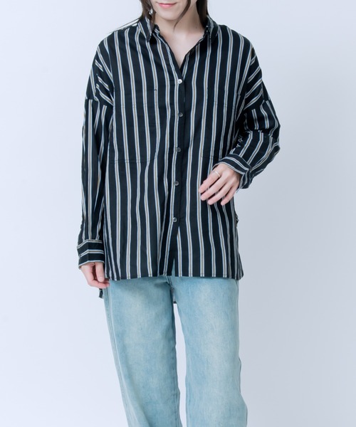 ブラウス シャツ ストライププリーツシャツ レディース LOSUCA ブラウス シャツ ストライプ柄キャンブリックボイル