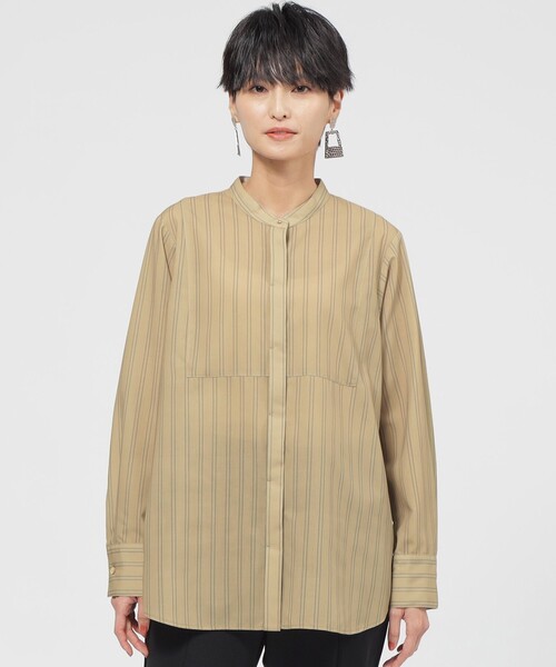 ブラウス シャツ 「カタログ掲載品」「ウォッシャブル」ダブルストライプバンドカラーブラウス レディース