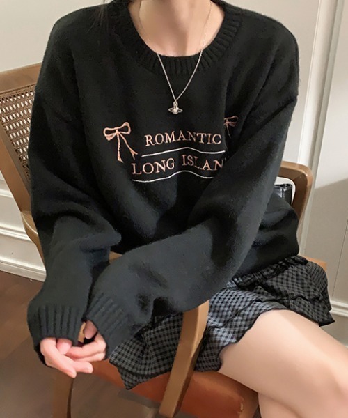 ニット セーター フロント刺繍クルーネックニットプルオーバー レディース