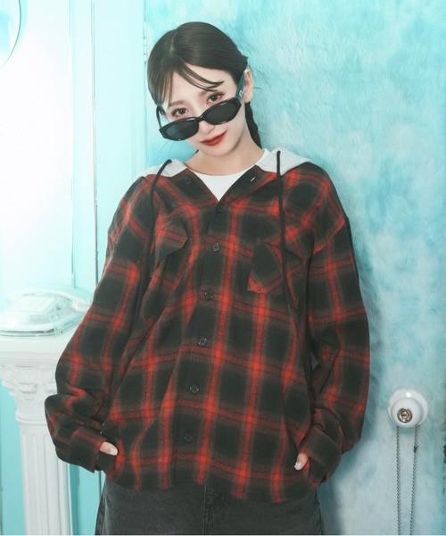 ブラウス シャツ 「2025Autumn Pre-Order」フーディチェックシャツ / Hoodie Check Shirt レディース メンズ ADAMASTE シャツ check shirt hoodie - チェックシャツフーディ