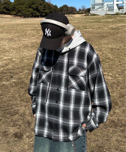 ADAMASTE シャツ check shirt hoodie - チェックシャツフーディ