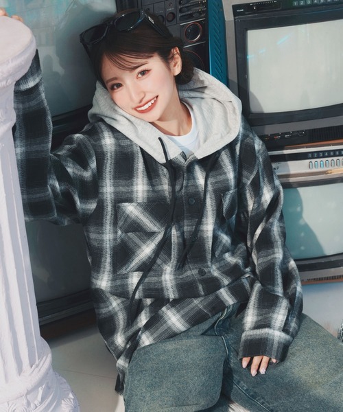 ブラウス シャツ 「2025Autumn Pre-Order」フーディチェックシャツ / Hoodie Check Shirt レディース メンズ ADAMASTE シャツ check shirt hoodie - チェックシャツフーディ