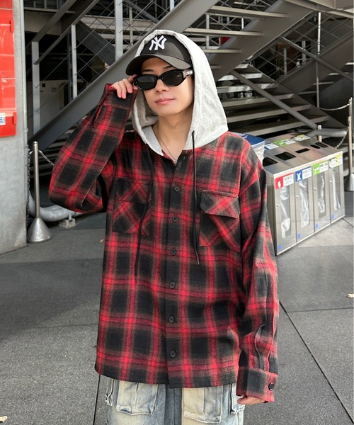ブラウス シャツ 「2025Autumn Pre-Order」フーディチェックシャツ / Hoodie Check Shirt レディース メンズ ADAMASTE シャツ check shirt hoodie - チェックシャツフーディ