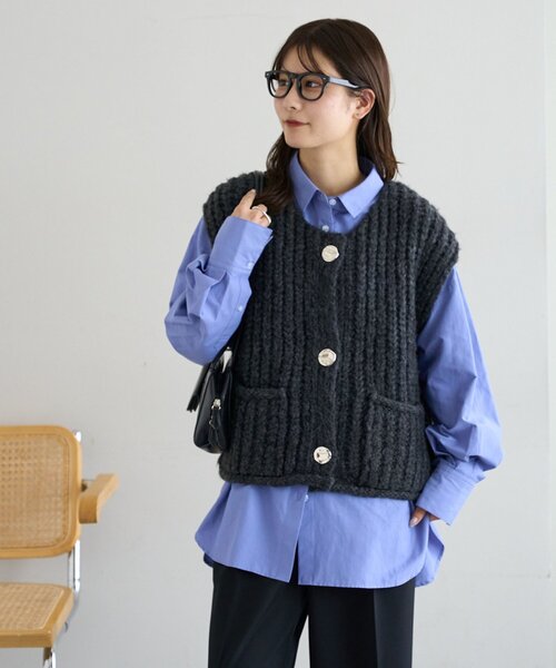 レディース マーブルボタン ベスト Discoat ベスト ジレ 「新色追加!/WEB限定」ポケット付ビッグボタン