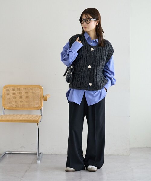 レディース マーブルボタン ベスト Discoat ベスト ジレ 「新色追加!/WEB限定」ポケット付ビッグボタン