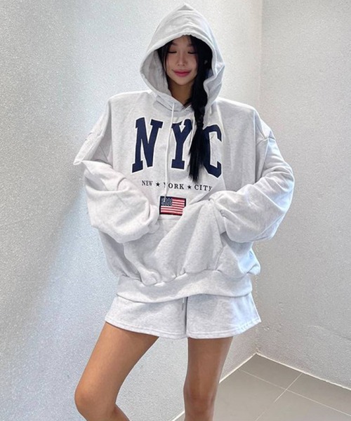 パーカー 「KOREAN SELECT」NYC 星条旗 ロゴプリント 裏起毛 スウェット プルオーバー パーカー レディース メンズ Revo. パーカー 「KOREAN SELECT」NYC 星条旗 ロゴプリント 裏