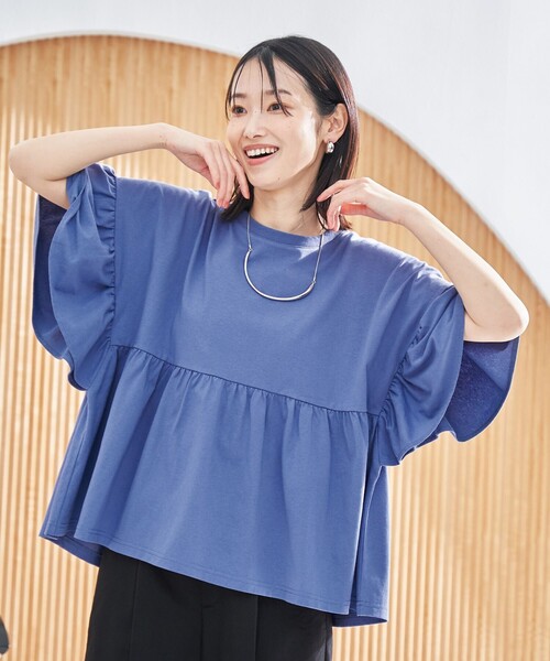 tシャツ 「接触冷感/UVカット/手洗いOK」ペプラムカットソー レディース ひんやり接触冷感】綿100％ペプラムロゴプリントTシャツ（UV
