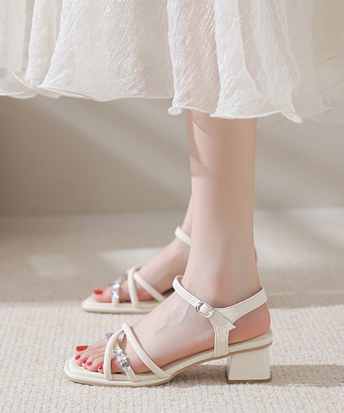 Lace Ladies サンダル レザー調 ビジュー クロス チューブ