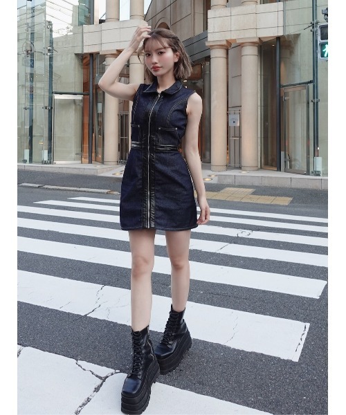 Darich レザーコンビノースリデニムミニワンピース(新品未使用) Darich ワンピース レザーコンビノースリデニムミニワンピース