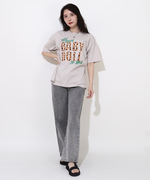 Bibiy .即日配送。Tシャツ BABYDOLL tシャツ 「綿100％」 親子お揃い ヒョウ柄貼付ロゴT