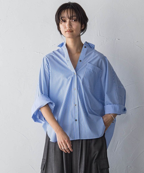 メイソングレイ MAYSON GREY 長袖 ストライプシャツワンピース ブルー 5分袖サイドプリーツシャツワンピース≪手洗い可能≫ | MAYSON