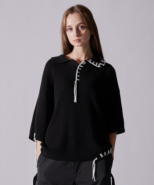 極美品 54 ドルチェアンドガッバーナ ジップアップ 切替 ニット ポロシャツ 前後2Wayホールカッティングリボンニットトップス[dr710a