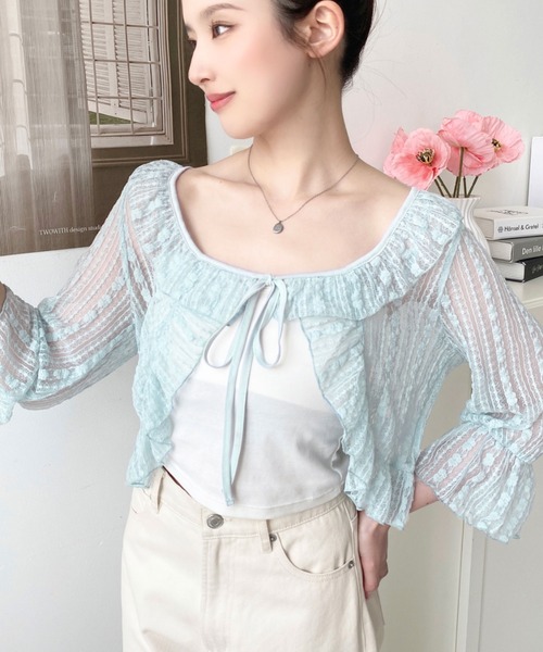 【極美品】ノコオーノ　長袖カーディガン　フリルチュールレース　花柄刺繍 チュール刺繍ハーフスリーブカーディガン/le.coeur blanc(ルクール