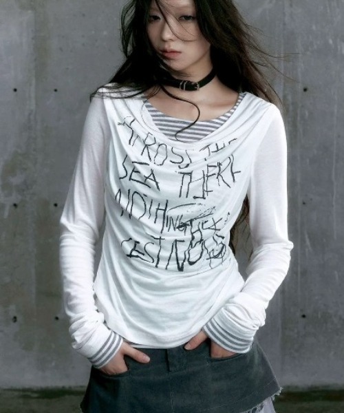 tシャツ 「Cest Nous」Striped Patchwork Dropped Neckline T-shirt / 「セヌー」ボーダーレイヤード