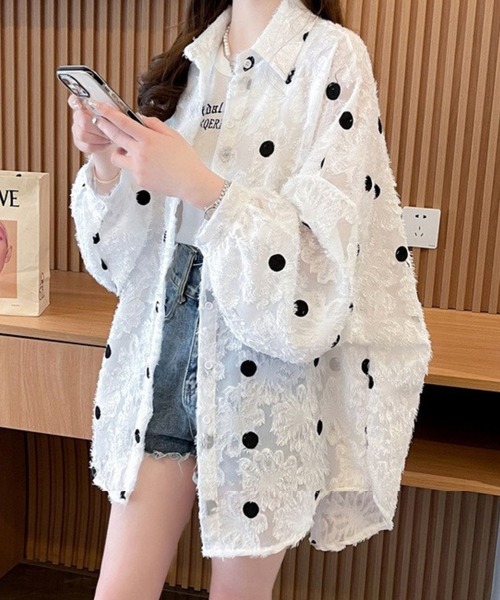 ブラウス シャツ ジャガード花柄×水玉オーバーシャツ レディース
