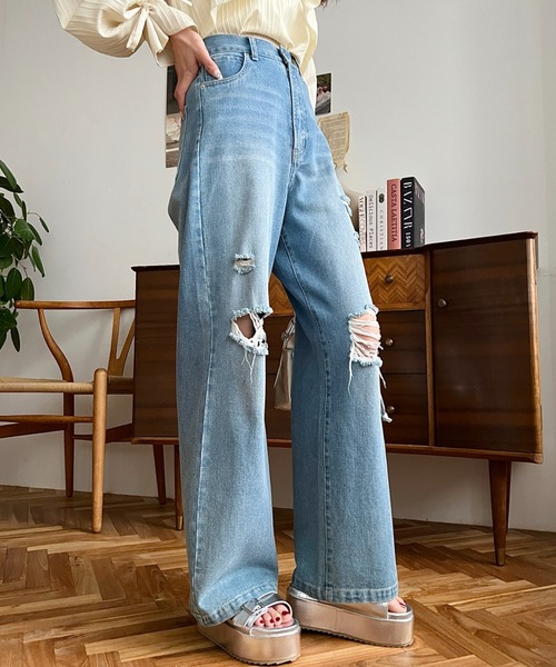 「moment+」 ダメージ加工デニムパンツ M サックスブルー レディース