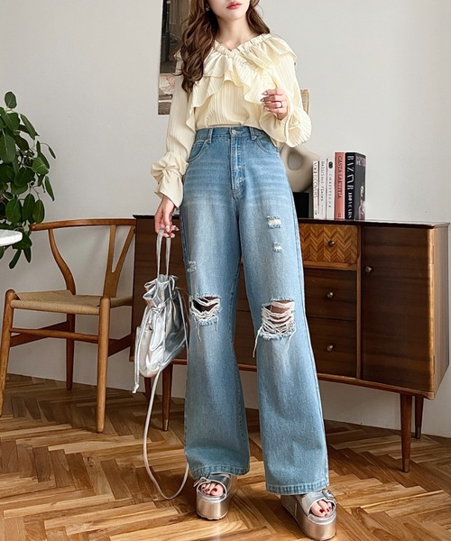 「moment+」 ダメージ加工デニムパンツ M サックスブルー レディース