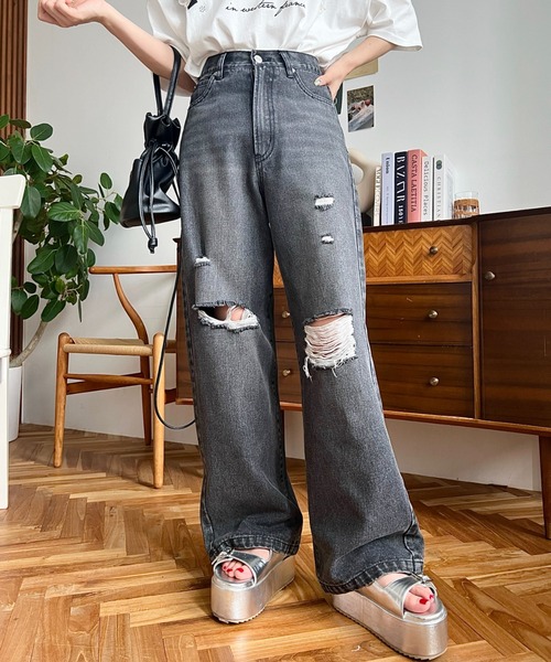 「moment+」 ダメージ加工デニムパンツ M サックスブルー レディース