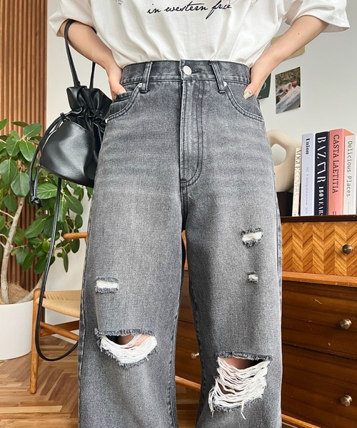「moment+」 ダメージ加工デニムパンツ M サックスブルー レディース