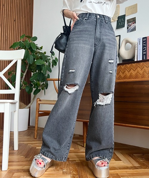 「moment+」 ダメージ加工デニムパンツ M サックスブルー レディース