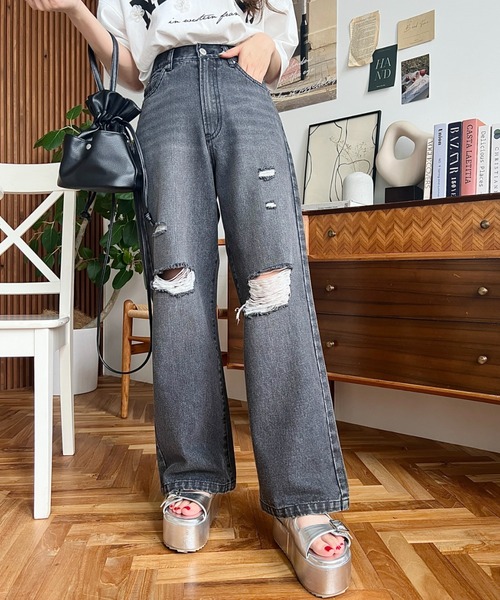 「moment+」 ダメージ加工デニムパンツ M サックスブルー レディース